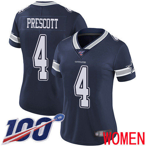 Women Dallas Cowboys Limited Navy Blue Dak Prescott Home 4 100th Season Vapor Untouchable NFL Jersey
